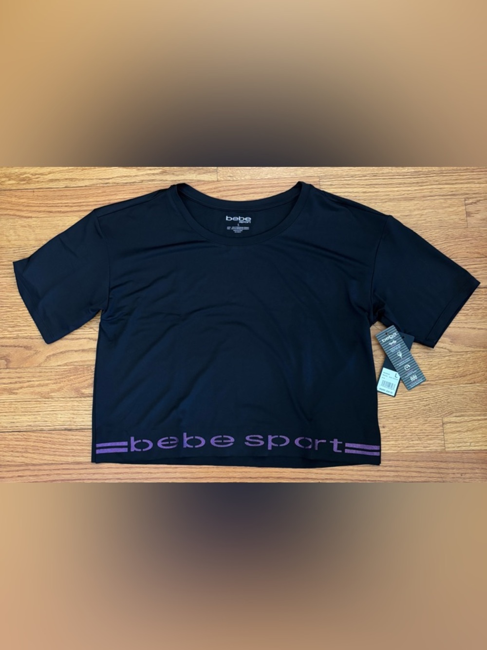 bebe sport Athletic Tee Women’s Large Black/Purple Cropped Shirt Logo Casual New
